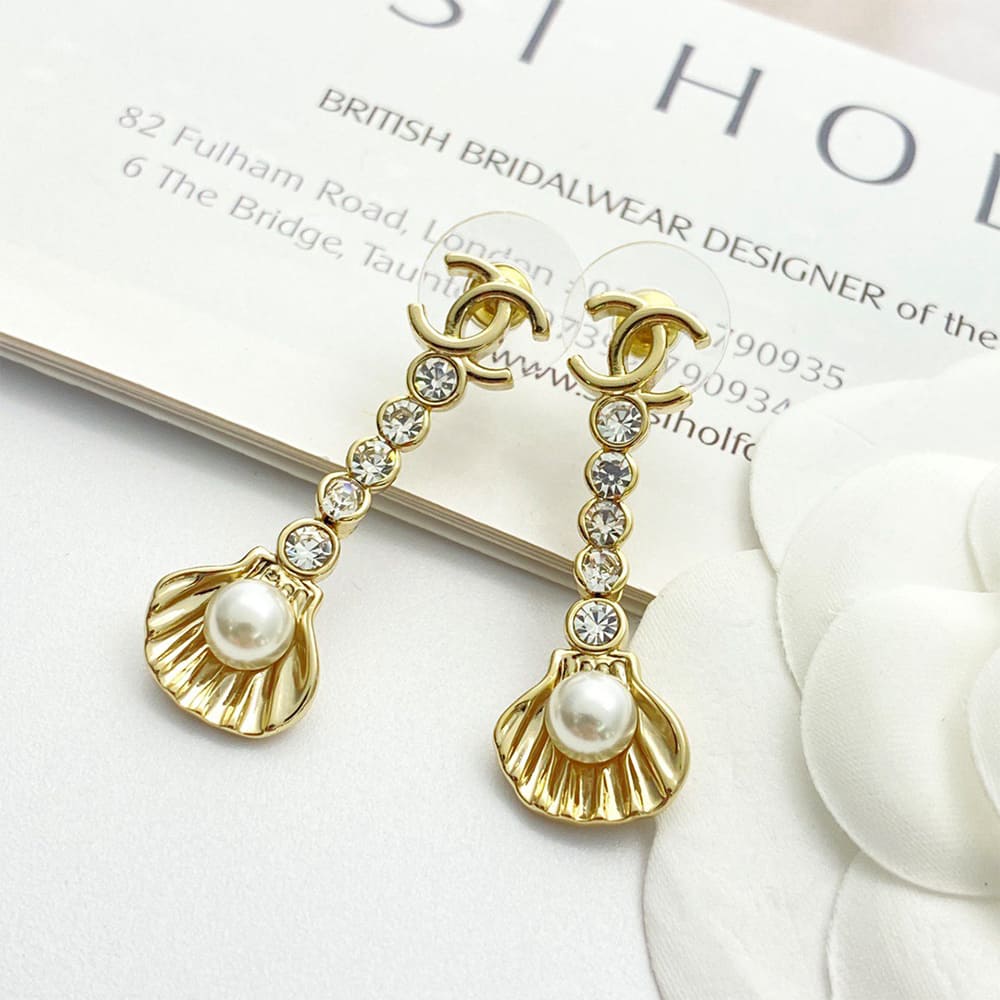 Ch**el Rhinestone Pearl Shell Drop Earrings