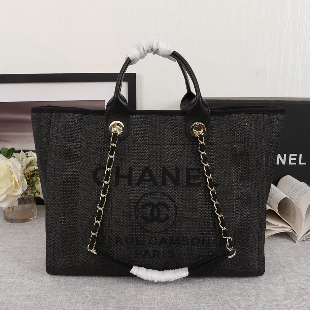 Ch**el Woven Straw Raffia Striped Medium Deauville Tote