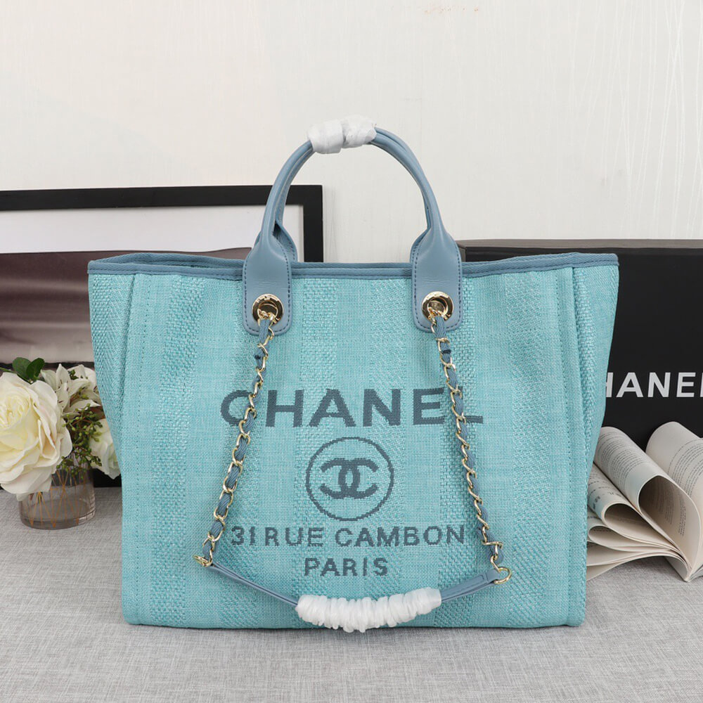 Ch**el Woven Straw Raffia Striped Medium Deauville Tote