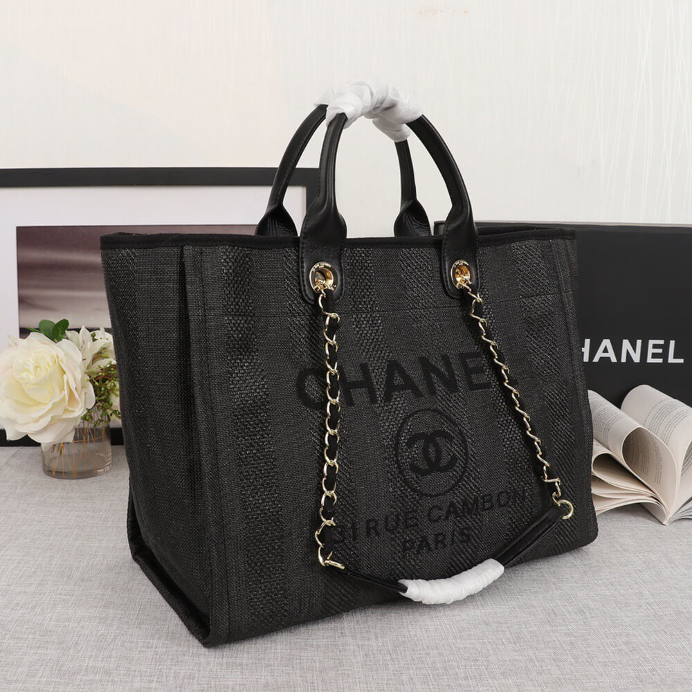 Ch**el Woven Straw Raffia Striped Medium Deauville Tote