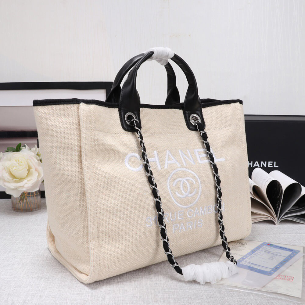 Ch**el Woven Straw Raffia Striped Medium Deauville Tote