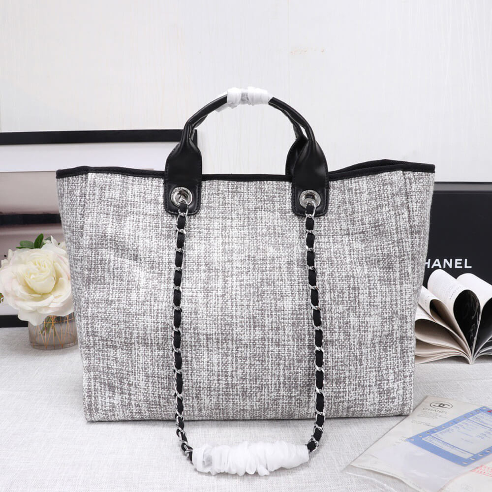 Ch**el Woven Straw Raffia Striped Medium Deauville Tote