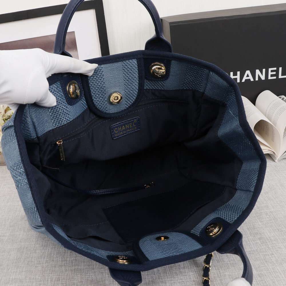 Ch**el Woven Straw Raffia Striped Medium Deauville Tote