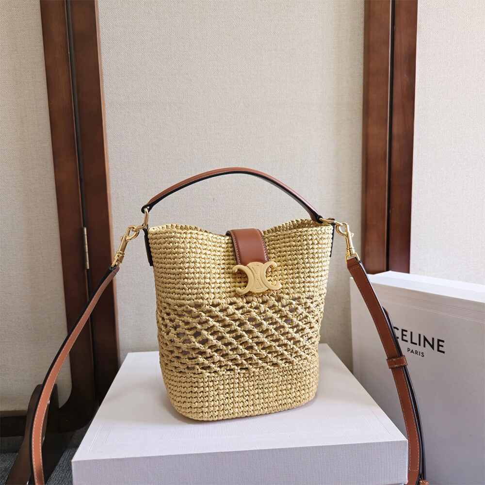 Ce1i*e SMALL L0visE BUCKET IN RAFFIA AND CALFSKIN(HIGH-END GRADE)